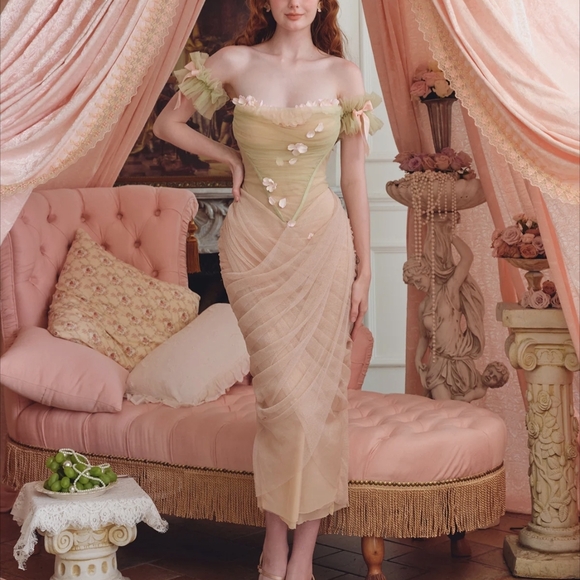 Lacemade Dresses & Skirts - Off-Shoulder Green and Blush Tulle Draped Midi Dress